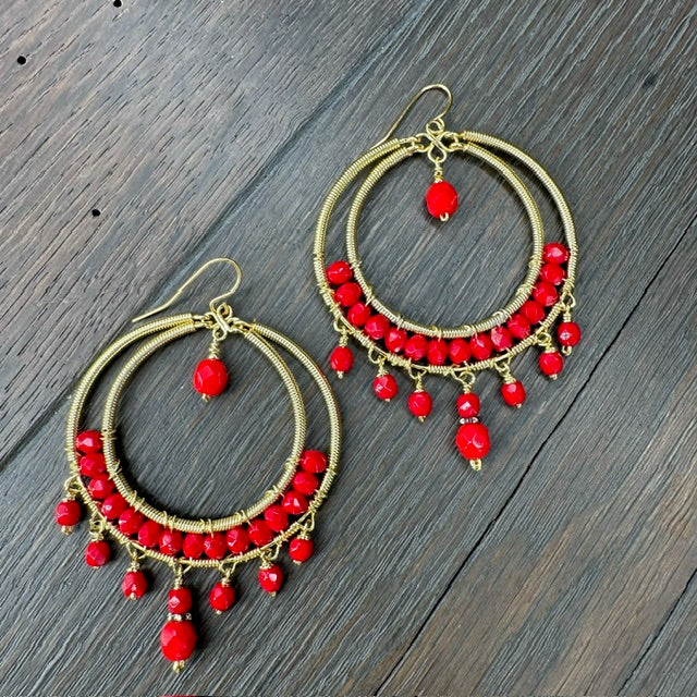 Wrapped double hoop chandelier earrings - gold