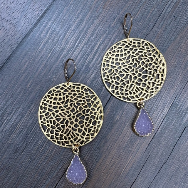 Filigree disc earrings with druzy drops - gold