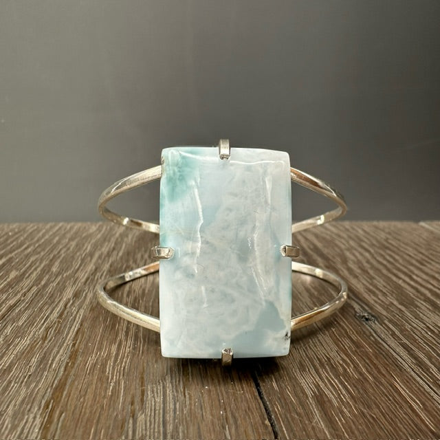 Polished Larimar Cuff Bracelet- silver tone