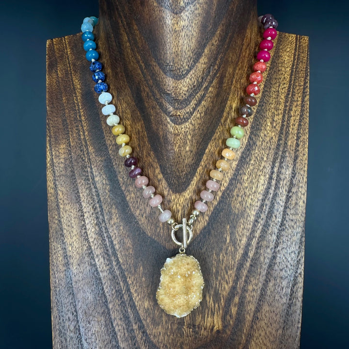Hand-knotted multi- gemstone with citrine druzy - gold