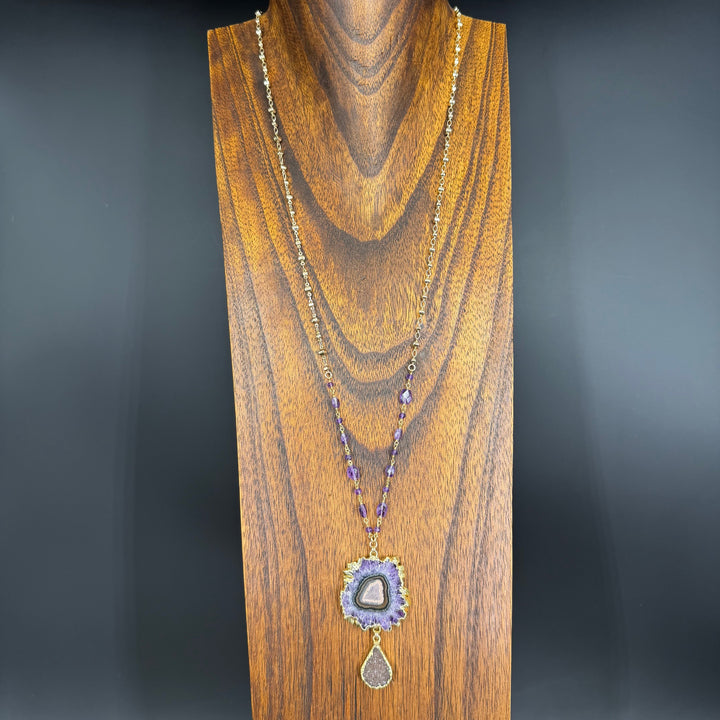 Amethyst/jasper stalactite slice and druzy pendant - gold