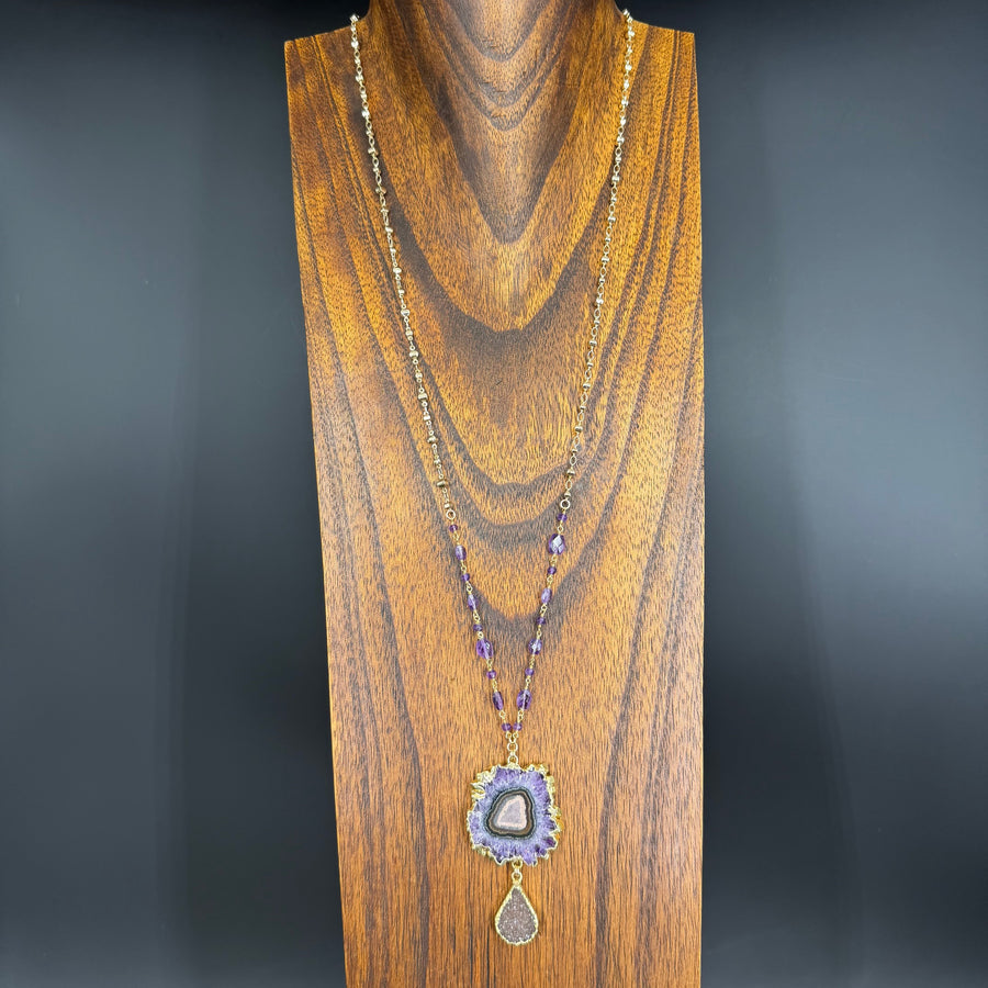 Amethyst/jasper stalactite slice and druzy pendant - gold