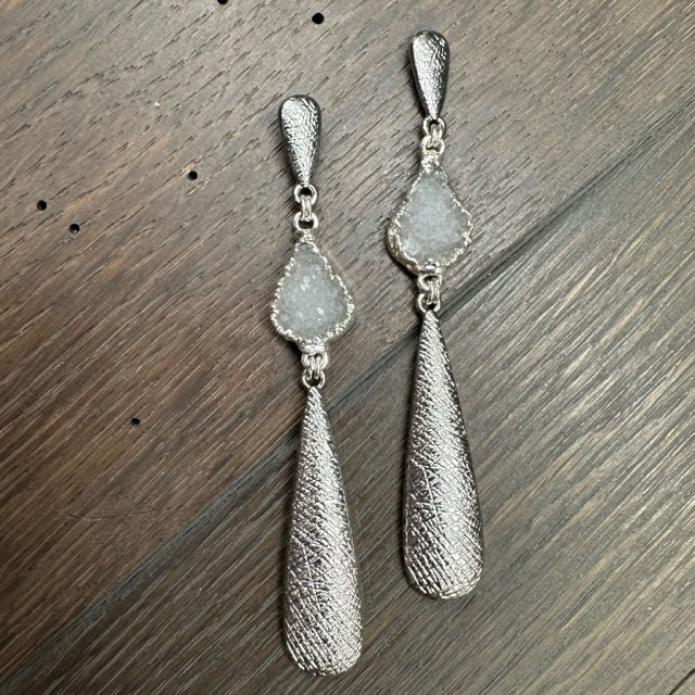 Textured metal accent earrings with druzy inserts - silver tone