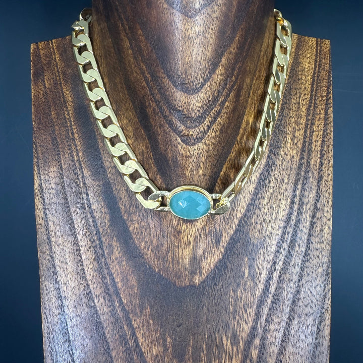 Brass choker with chalcedony accent - gold tone