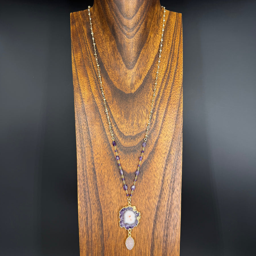 Amethyst/jasper stalactite slice and druzy pendant - gold
