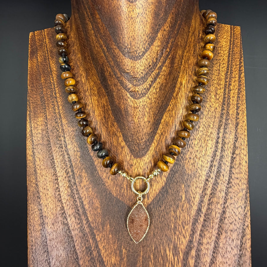 Hand-knotted gemstone necklace with druzy - gold