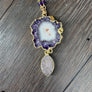Amethyst/jasper stalactite slice and druzy pendant - gold