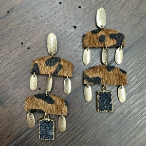 Faux pony hair leopard geometric earrings with druzy - gold