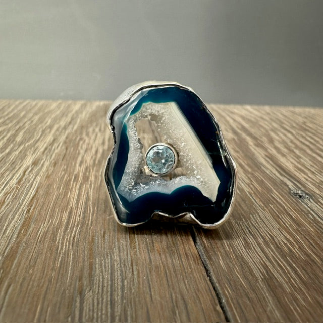 Polished Agate Slice with gemstone ring - sterling silver