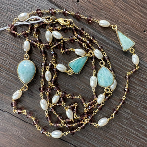 Long beaded gemstone necklace - gold tone
