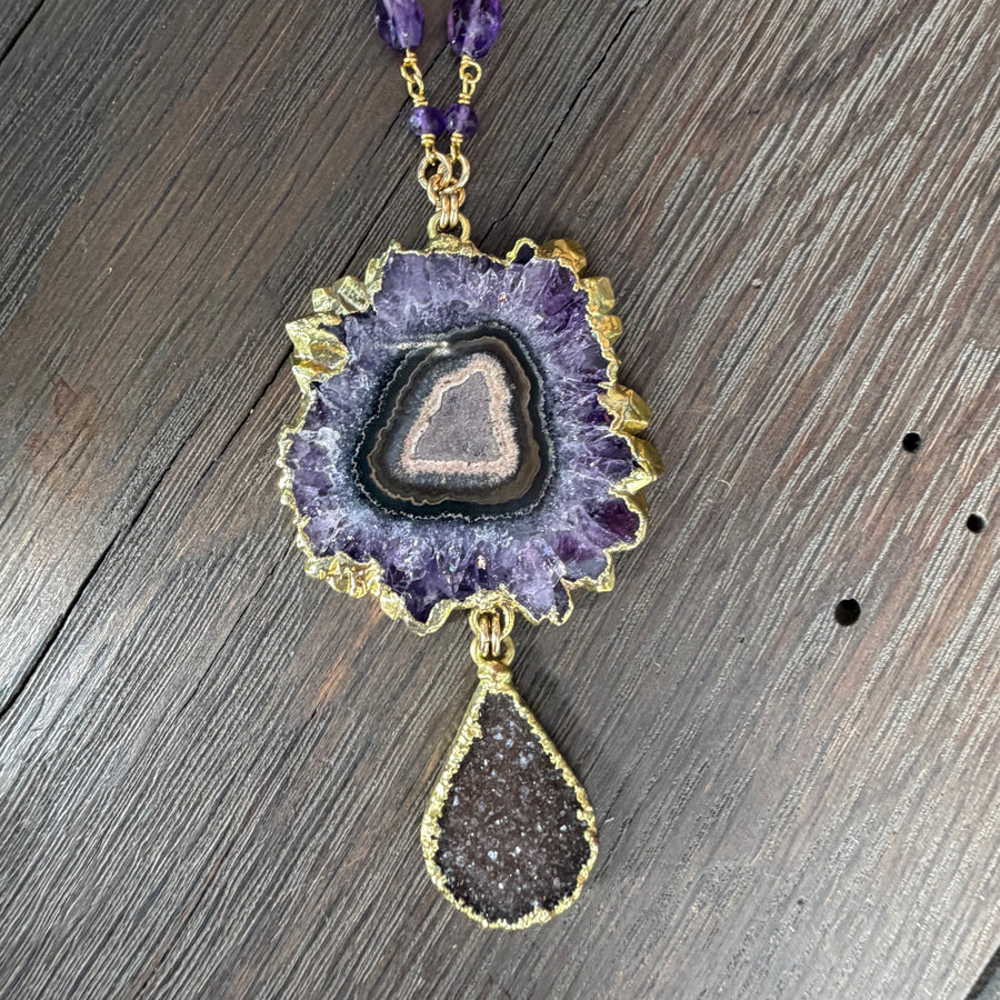 Amethyst/jasper stalactite slice and druzy pendant - gold