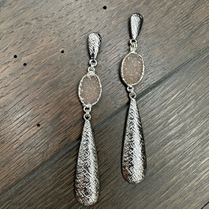Textured metal accent earrings with druzy inserts - silver tone