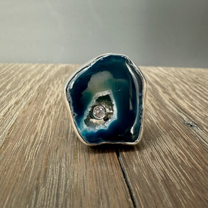 Polished Agate Slice with gemstone ring - sterling silver
