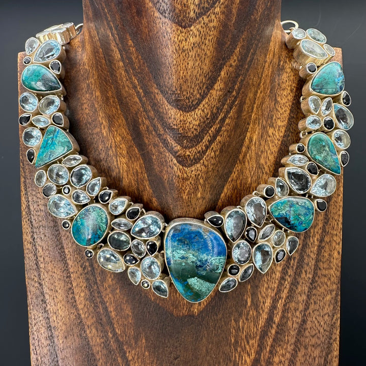 Shattuckite, blue topaz, onyx and quartz Gemstone Necklace