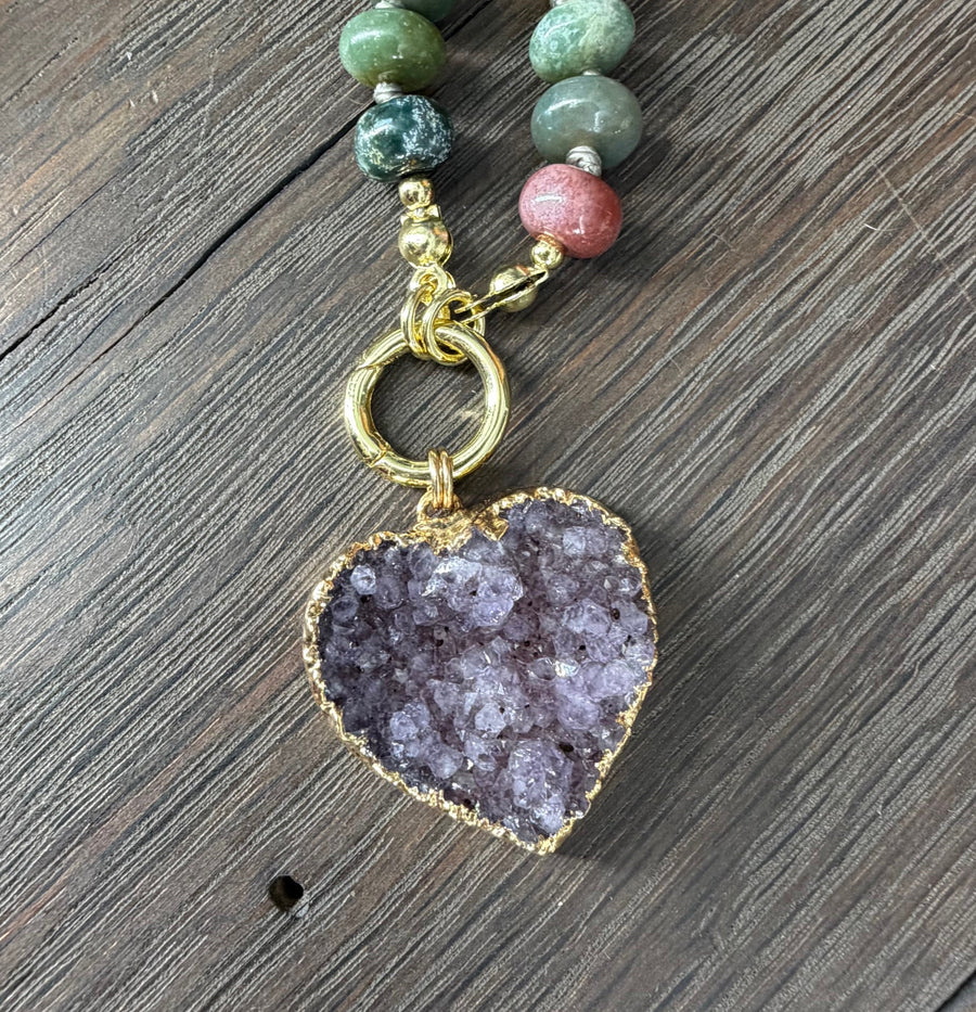 Hand-knotted fancy jasper necklace with druzy - gold