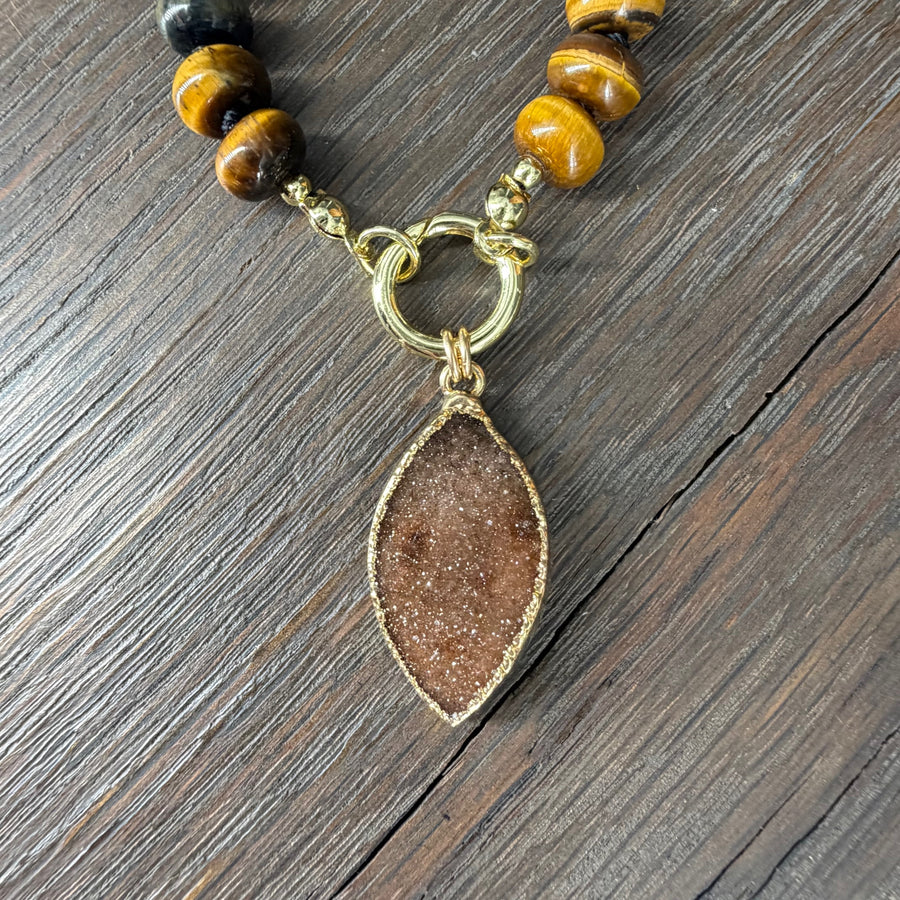 Hand-knotted gemstone necklace with druzy - gold