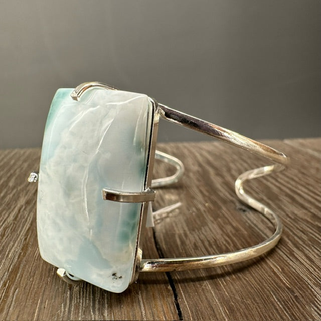Polished Larimar Cuff Bracelet- silver tone