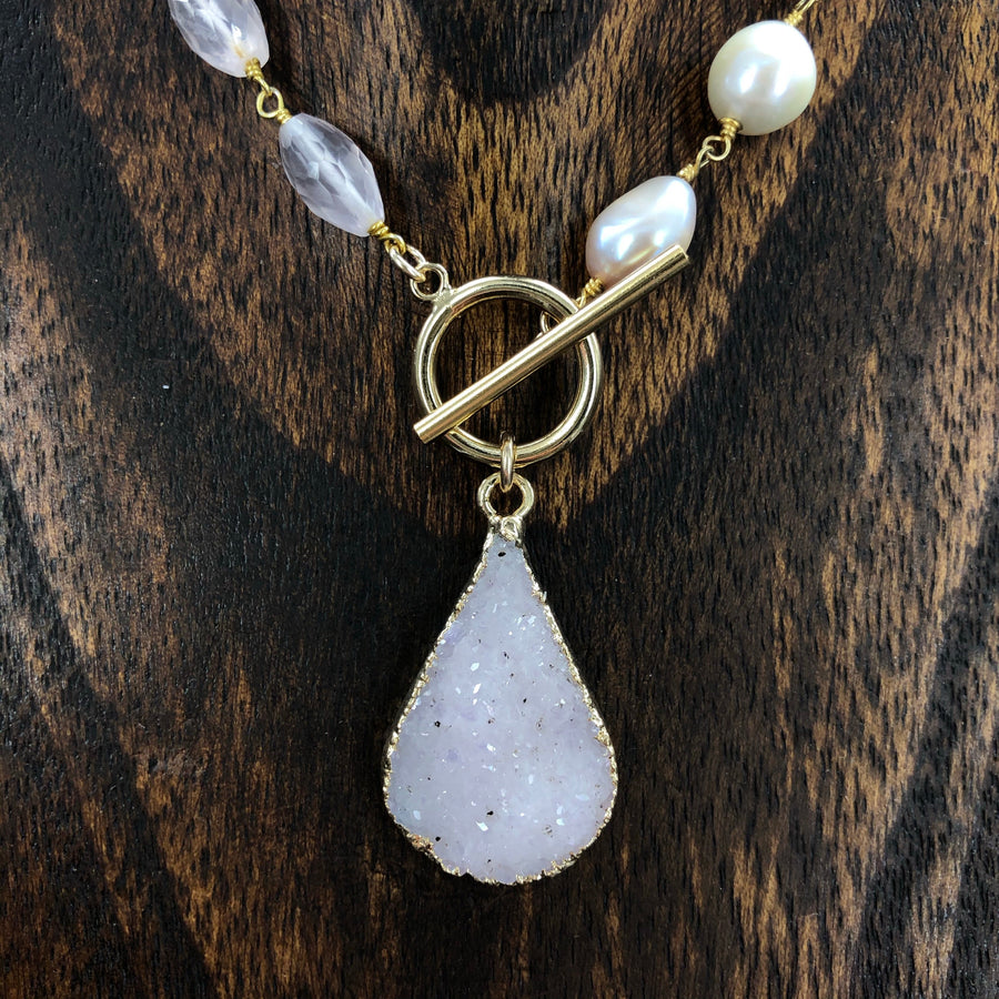 Wrap and toggle baroque pearl and rose quartz necklace