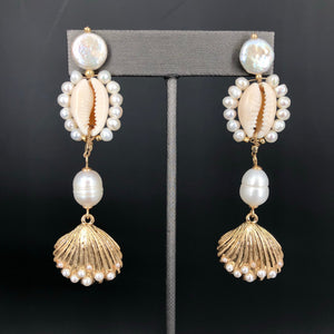 Freshwater pearl cowry shell statement earrings