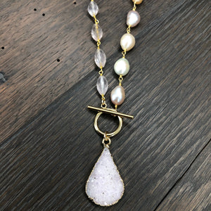 Wrap and toggle baroque pearl and rose quartz necklace