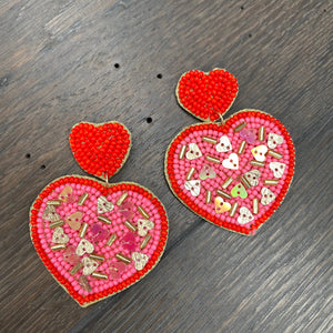 Seed bead heart "confetti" earrings - gold