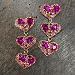 Triple heart glass stone drop earrings - gold
