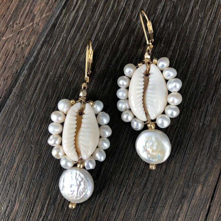 Freshwater pearl and cowry shell drop earring
