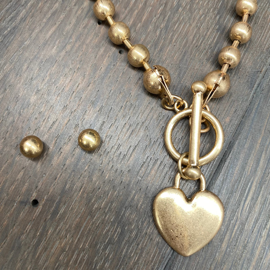 Ball chain heart toggle necklace  - antique silver, antique gold