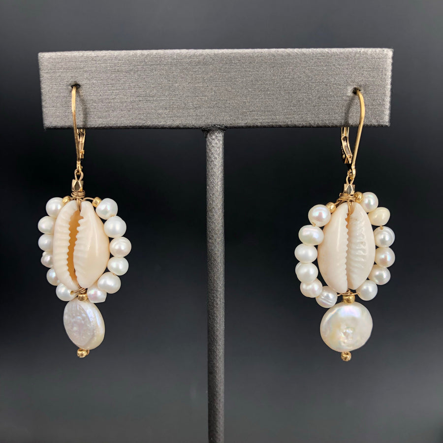Freshwater pearl and cowry shell drop earring