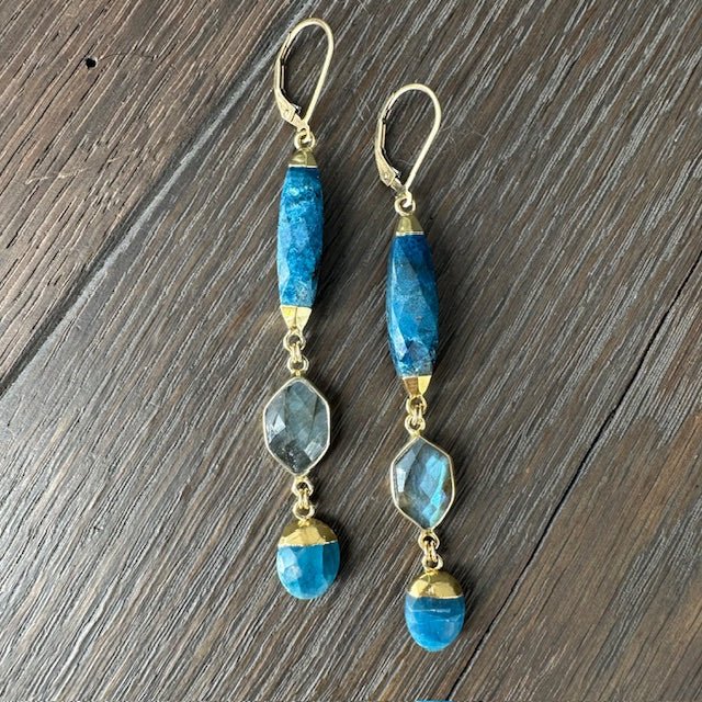 Labradorite and apatite earrings - gold - Renee Piatt Collection