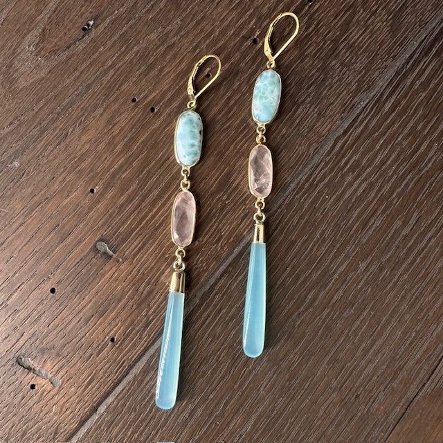 Larimar, rose quartz, chalcedony earring - gold tone - Renee Piatt Collection
