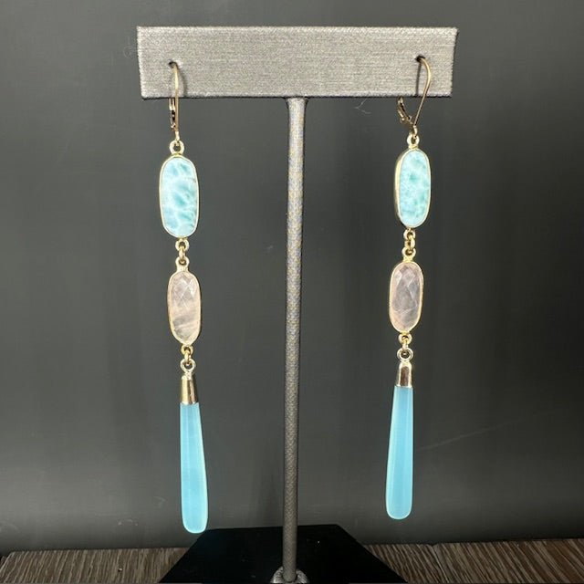 Larimar, rose quartz, chalcedony earring - gold tone - Renee Piatt Collection
