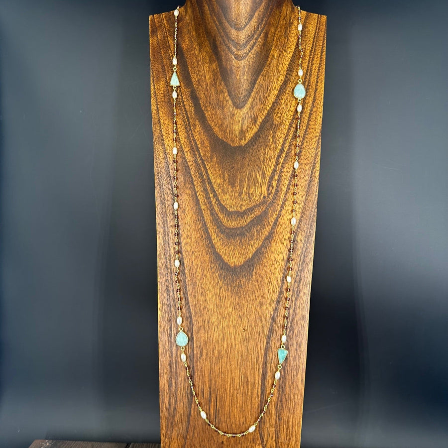 Long beaded gemstone necklace - gold tone - Renee Piatt Collection
