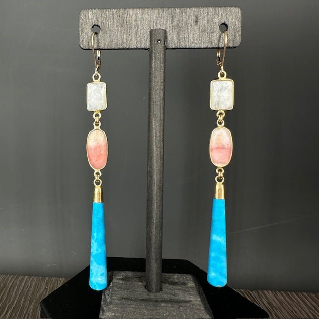 Rainbow moonstone, turquoise, pink opal earrings - gold - Renee Piatt Collection