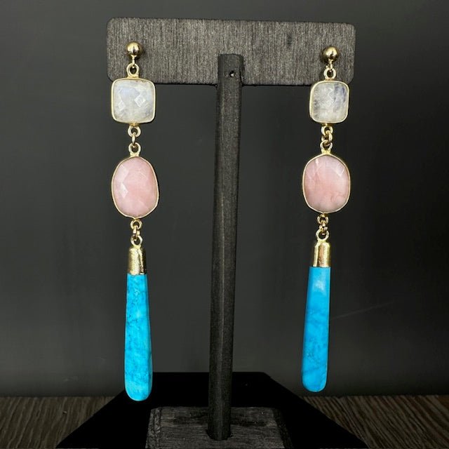 Rainbow moonstone, turquoise, pink opal earrings - gold - Renee Piatt Collection