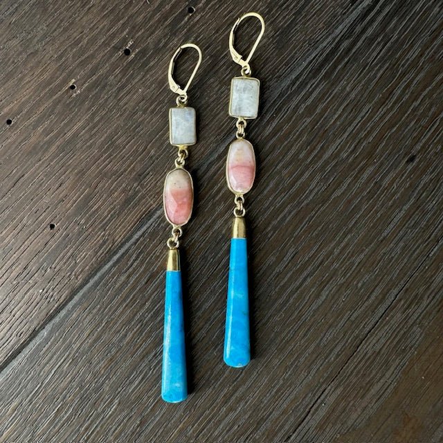 Rainbow moonstone, turquoise, pink opal earrings - gold - Renee Piatt Collection