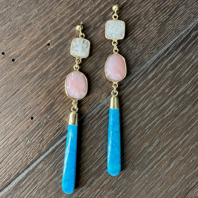 Rainbow moonstone, turquoise, pink opal earrings - gold - Renee Piatt Collection