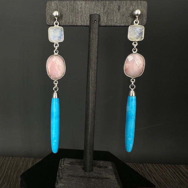Rainbow moonstone, turquoise, pink opal earrings - silver - Renee Piatt Collection