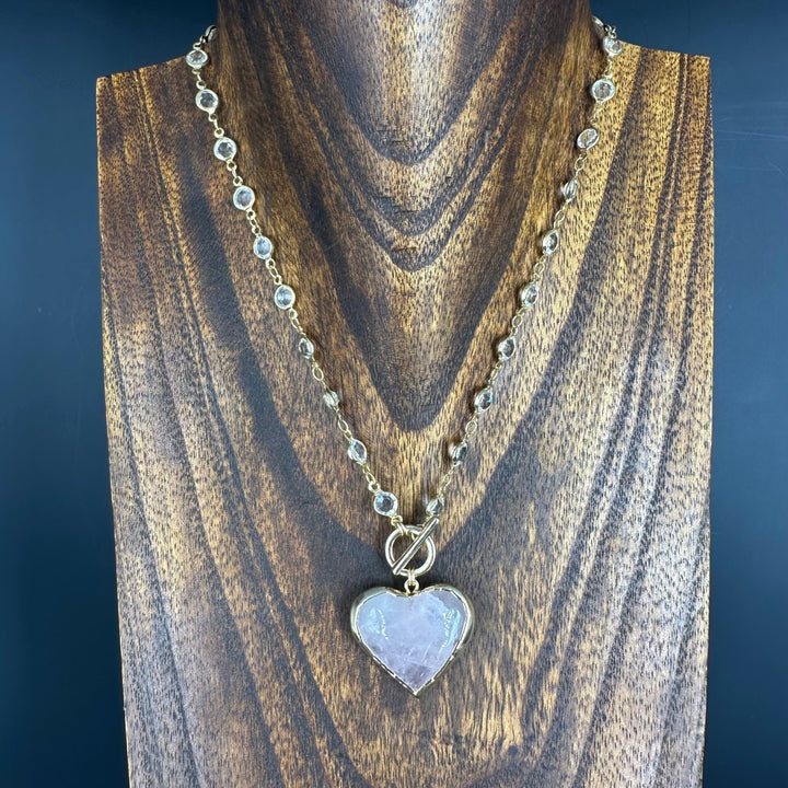 Rose quartz "wrap and toggle" crystal necklace - Gold tone - Renee Piatt Collection