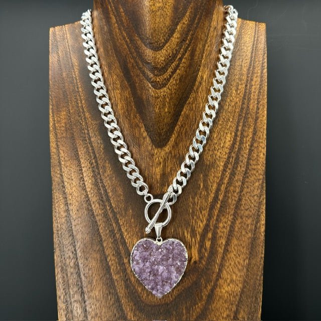 XL Druzy heart "Wrap and Toggle" necklace - silver - Renee Piatt Collection