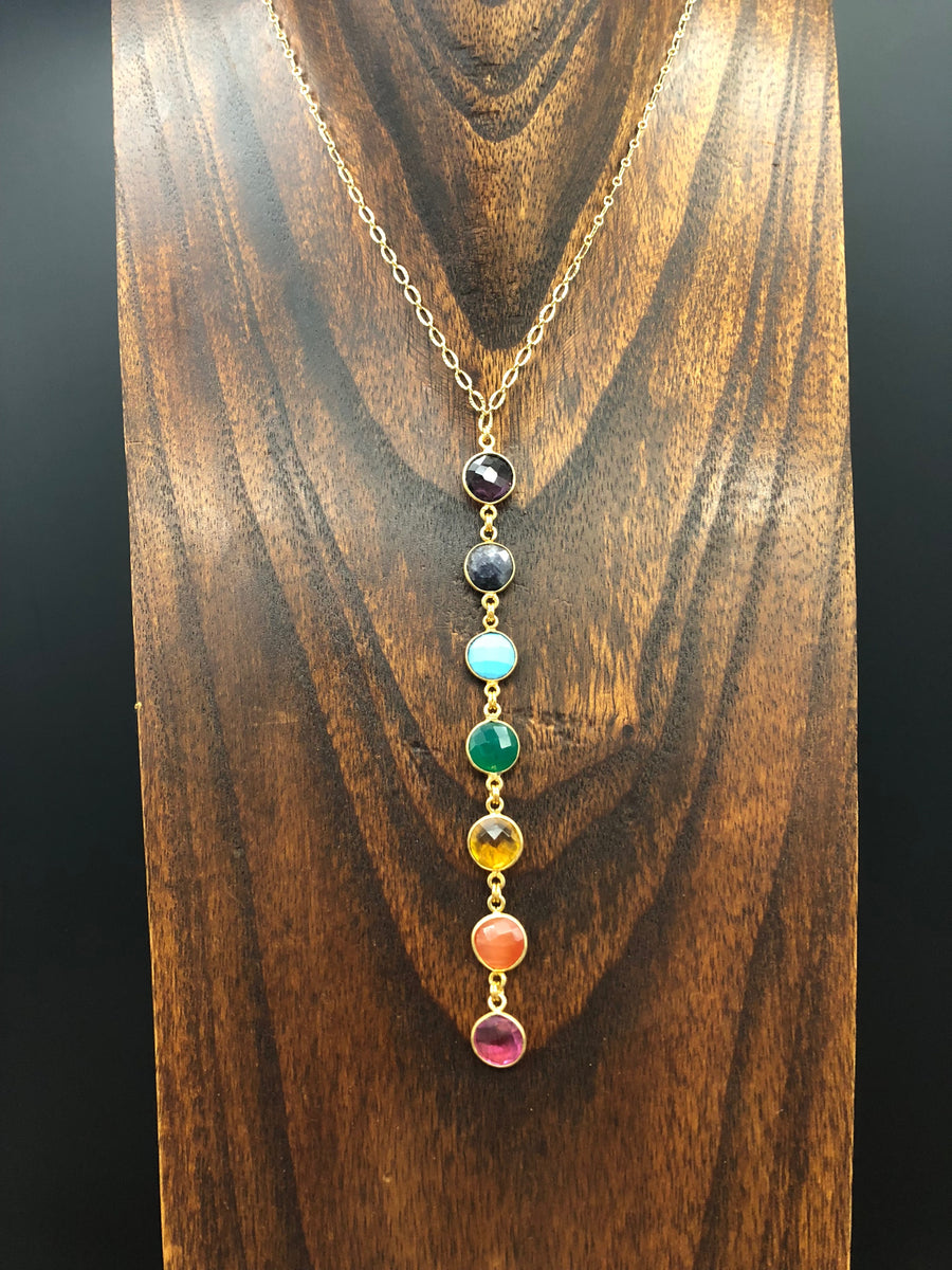 Seven chakra stone lariat necklace - silver and gold