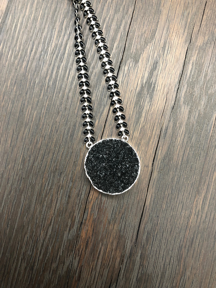 Black druzy "new moon" necklace - silver