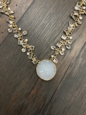 Druzy Full Moon pendant, dangling charm necklace - gold