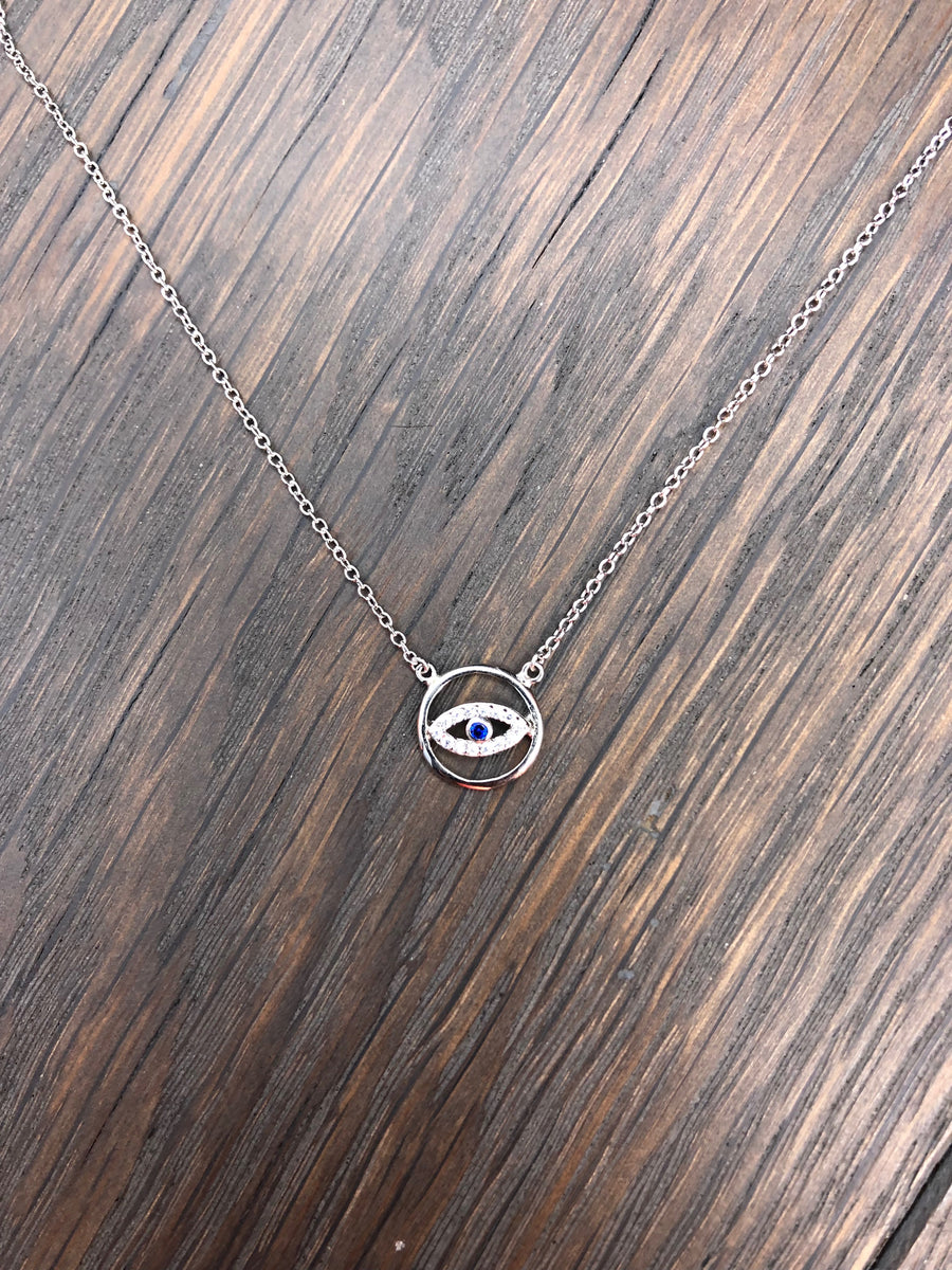 Evil eye protective amulet necklace with blue cz eye