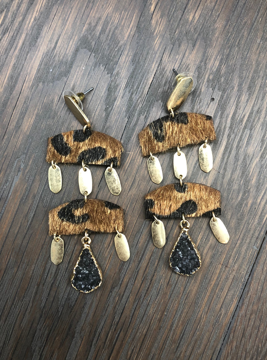 Faux pony hair leopard geometric earrings with druzy accents - tan
