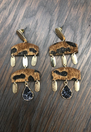 Faux pony hair leopard geometric earrings with druzy accents - tan