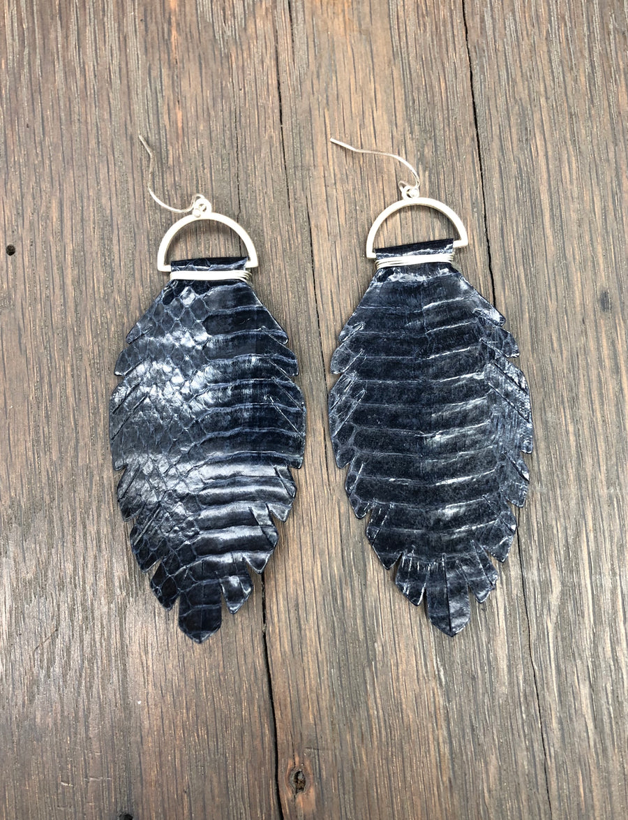 Leather leaf earrings with wire wrapped tops - silver