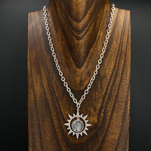 Druzy centered sunburst necklace - antique silver