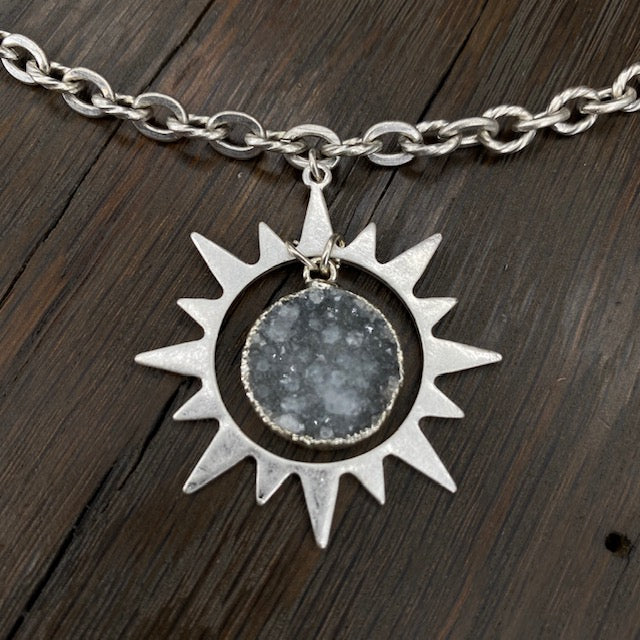 Druzy centered sunburst necklace - antique silver