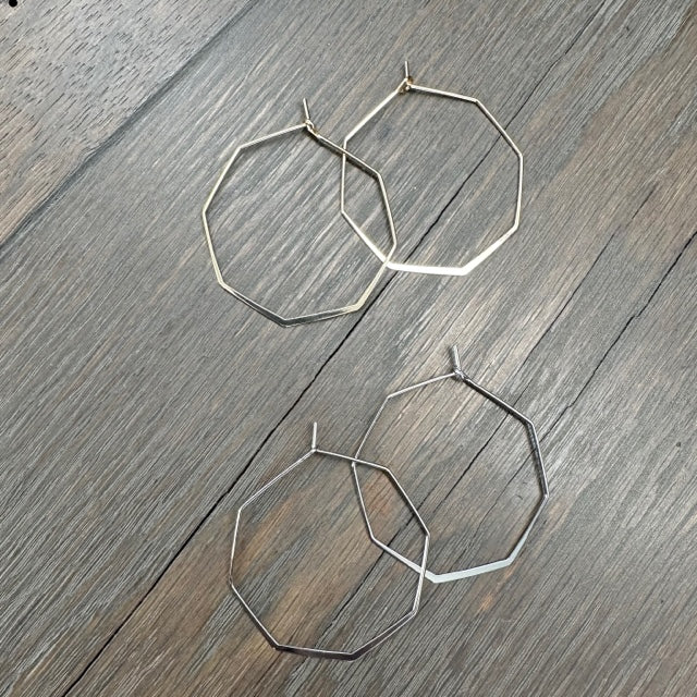 Dainty octagon flattened hoop earrings - gold, silver